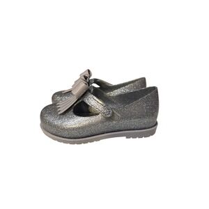 Mini Melissa Glitter Bow Mary Jane Flats Toddler Kids Silver Jelly Shoes